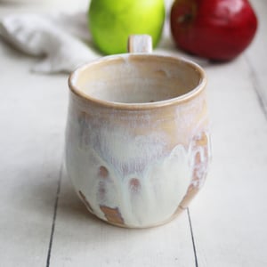 Image of 12 Ounce Rustic White and Ocher Stoneware Mug with Dripping Glazes, Coffee Cup, Made in USA