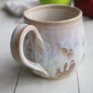 Image of 12 Ounce Rustic White and Ocher Stoneware Mug with Dripping Glazes, Coffee Cup, Made in USA