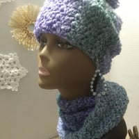 Image 1 of Cozy Hat Scarf Set Handmade Crochet Women Winter Beanie Cowl