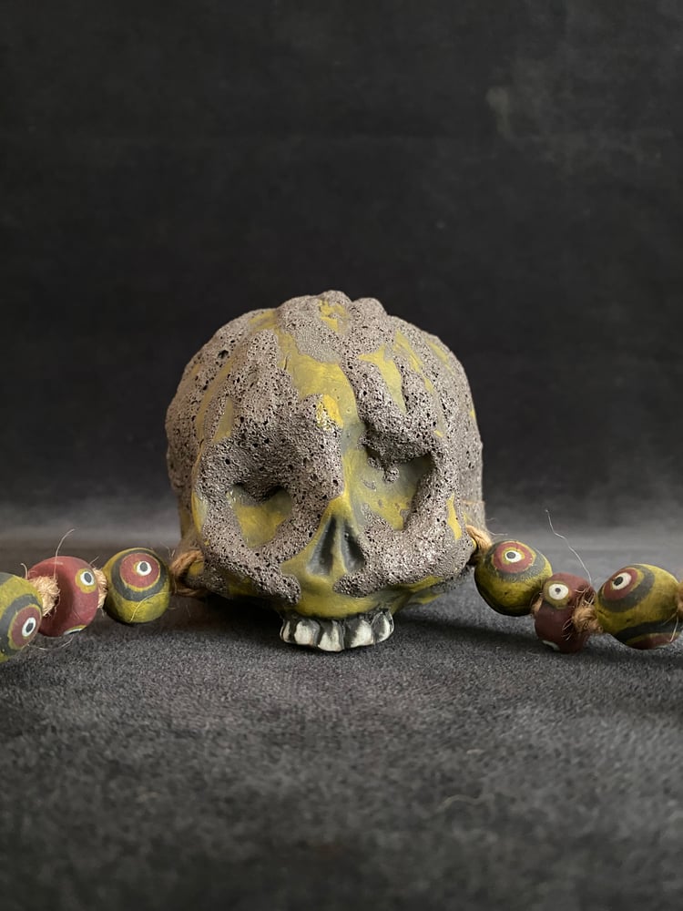 Image of Mini Trophy Skull Mug with Running Lava Glaze Over Yellow (hh)