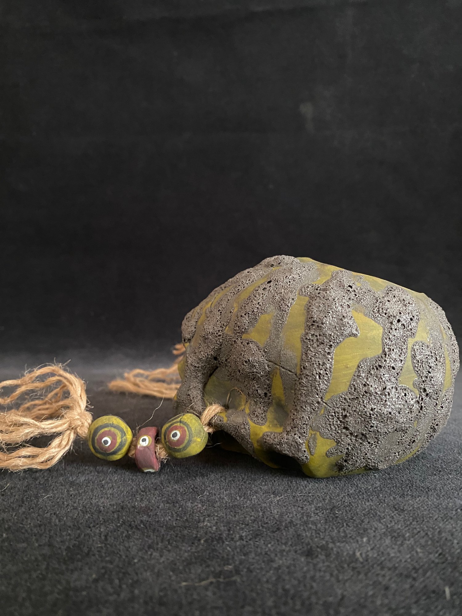 Image of Mini Trophy Skull Mug with Running Lava Glaze Over Yellow (hh)