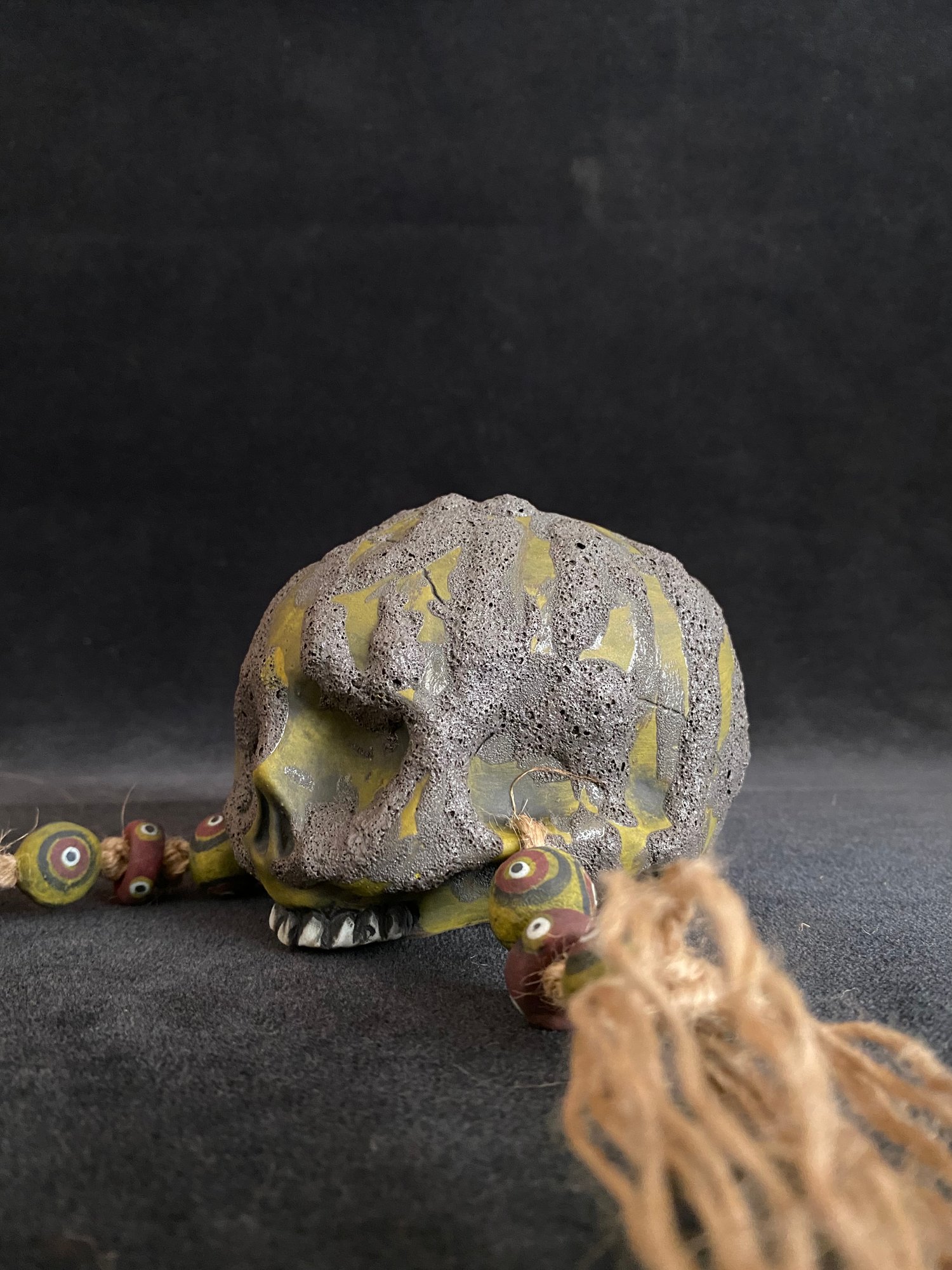 Image of Mini Trophy Skull Mug with Running Lava Glaze Over Yellow (hh)