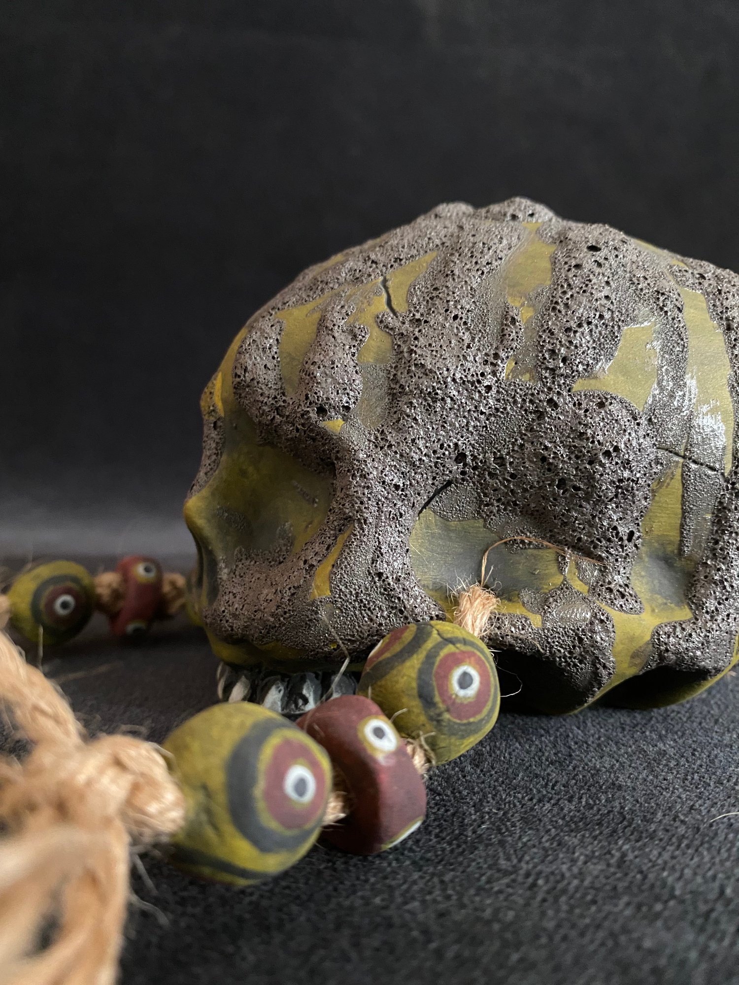 Image of Mini Trophy Skull Mug with Running Lava Glaze Over Yellow (hh)