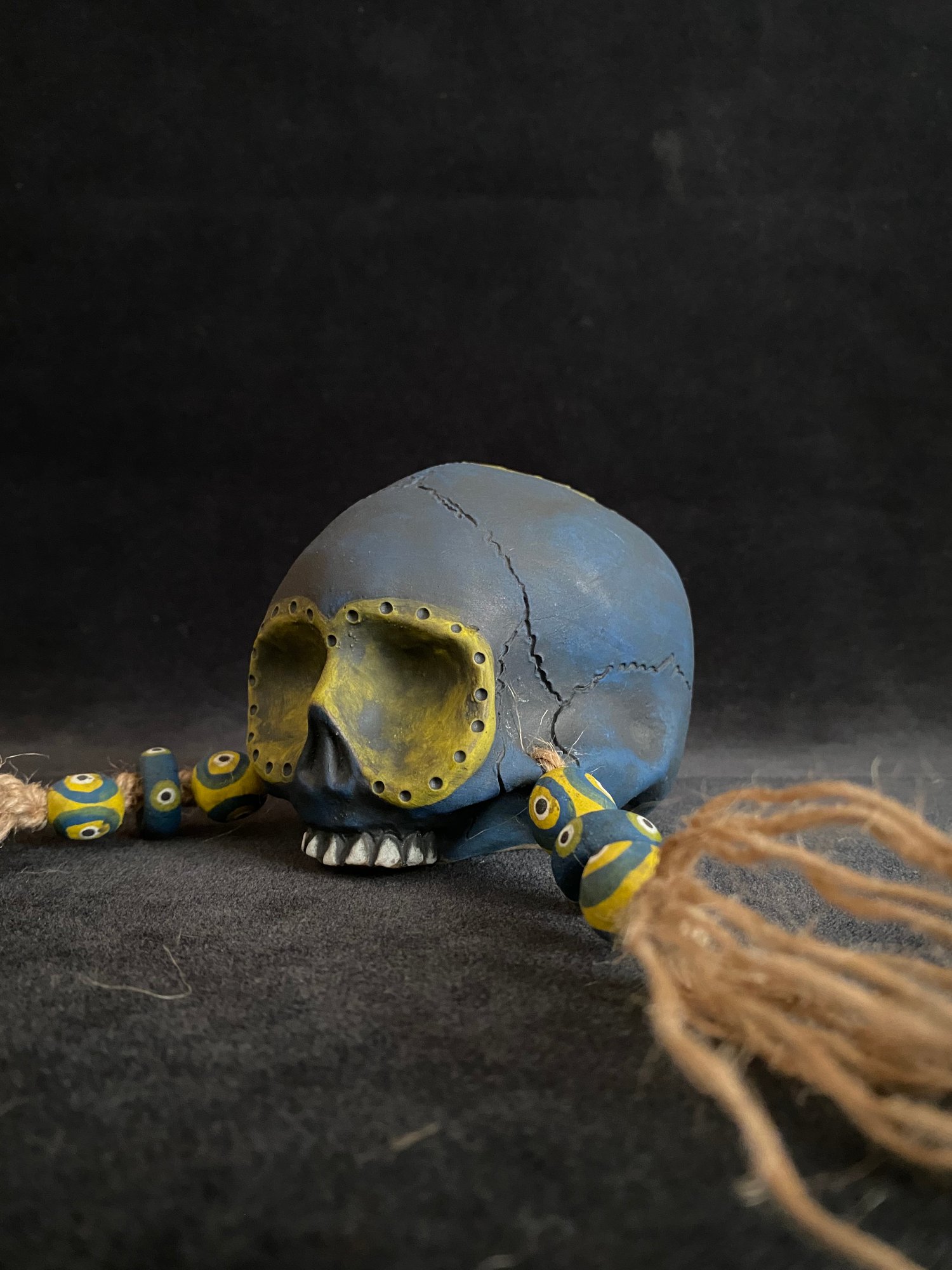 Image of Mini Weathered Blue and Yellow Trophy Skull Mug (jj)