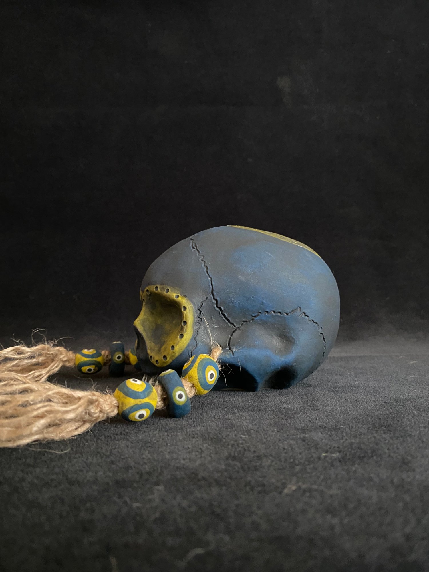 Image of Mini Weathered Blue and Yellow Trophy Skull Mug (jj)
