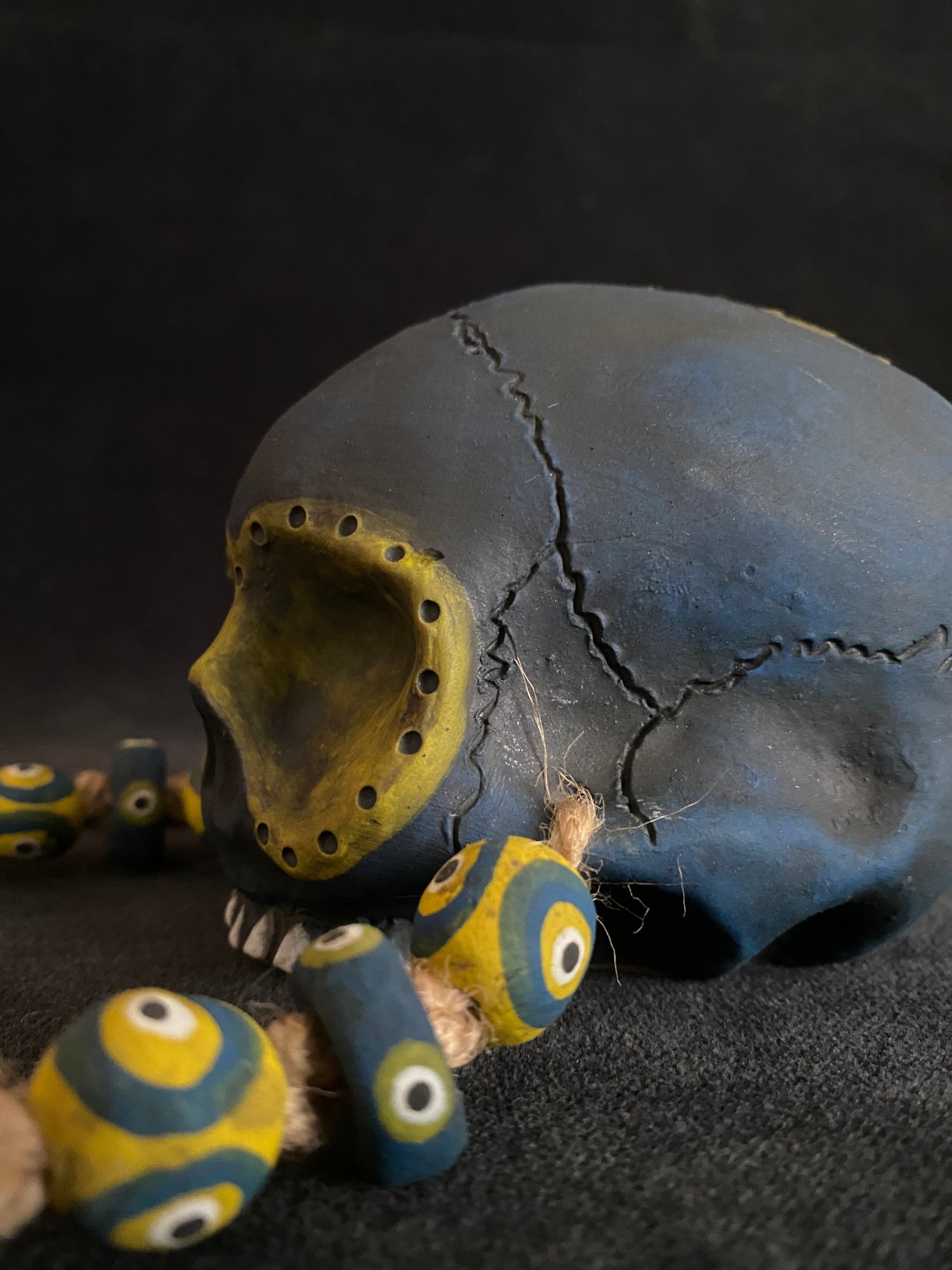 Image of Mini Weathered Blue and Yellow Trophy Skull Mug (jj)
