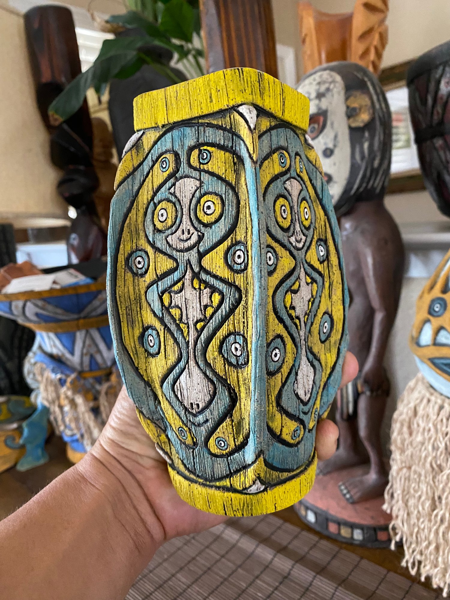 Image of Four Sided Turquoise & Yellow PNG Shield Mug - “The Happy Dancer” - US Shipping Included 