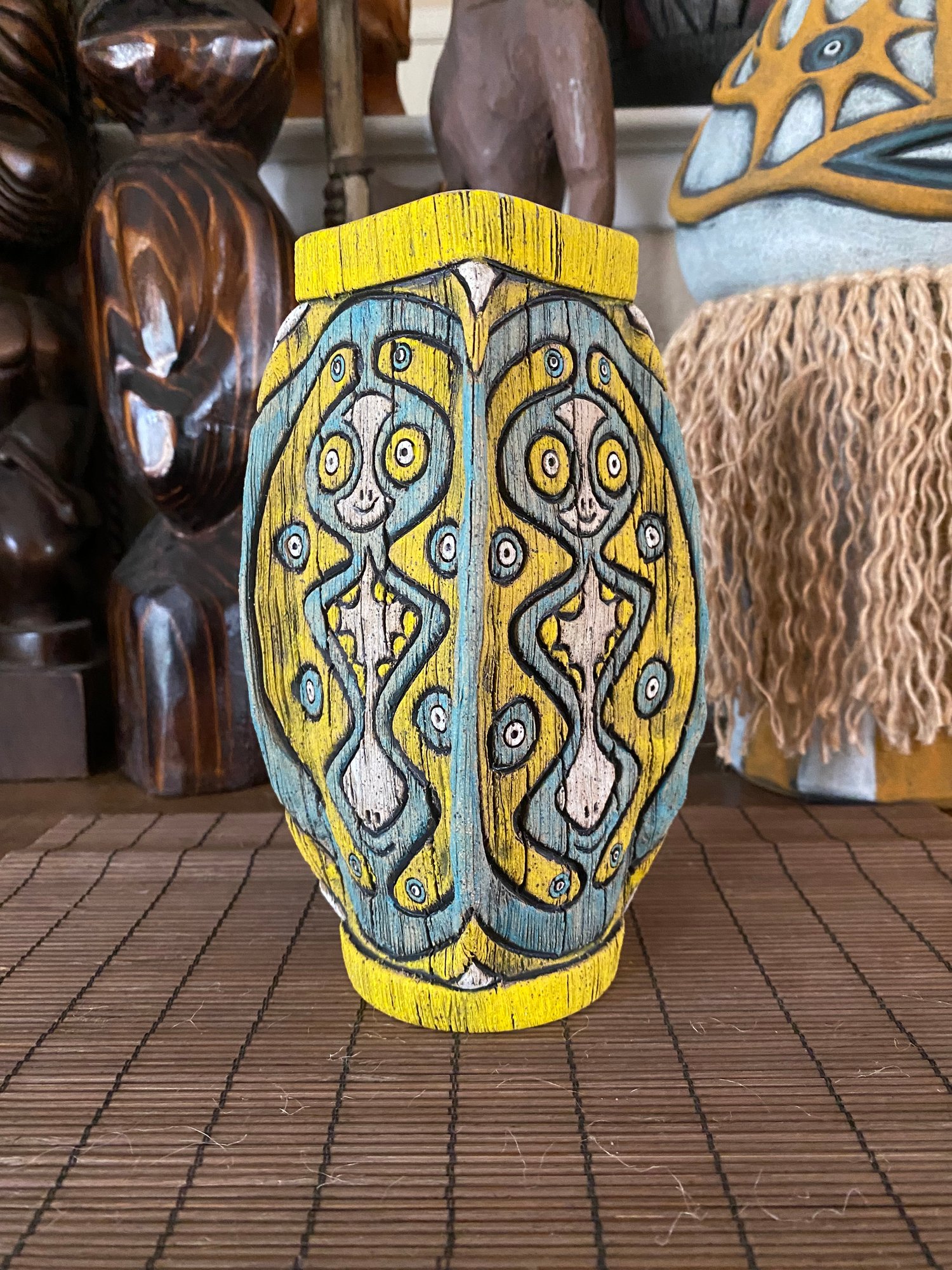 Image of Four Sided Turquoise & Yellow PNG Shield Mug - “The Happy Dancer” - US Shipping Included 