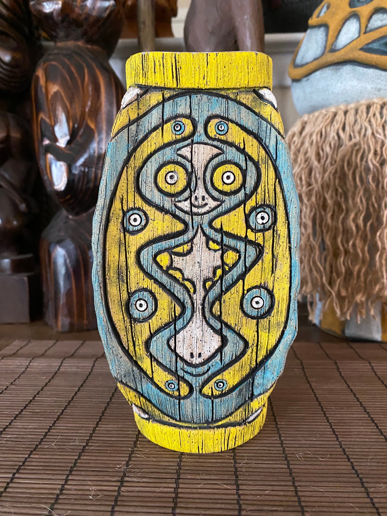 Image of Four Sided Turquoise & Yellow PNG Shield Mug - “The Happy Dancer” - US Shipping Included 