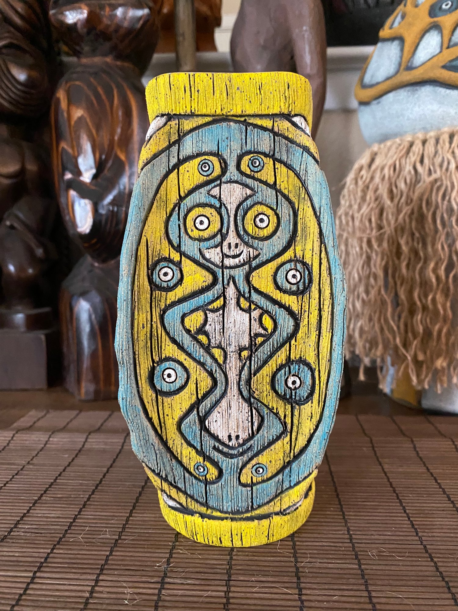 Image of Four Sided Turquoise & Yellow PNG Shield Mug - “The Happy Dancer” - US Shipping Included 