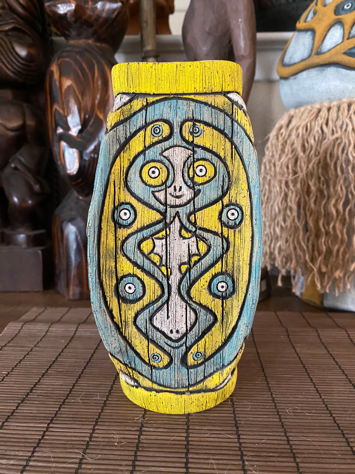Image of Four Sided Turquoise & Yellow PNG Shield Mug - “The Happy Dancer” - US Shipping Included 