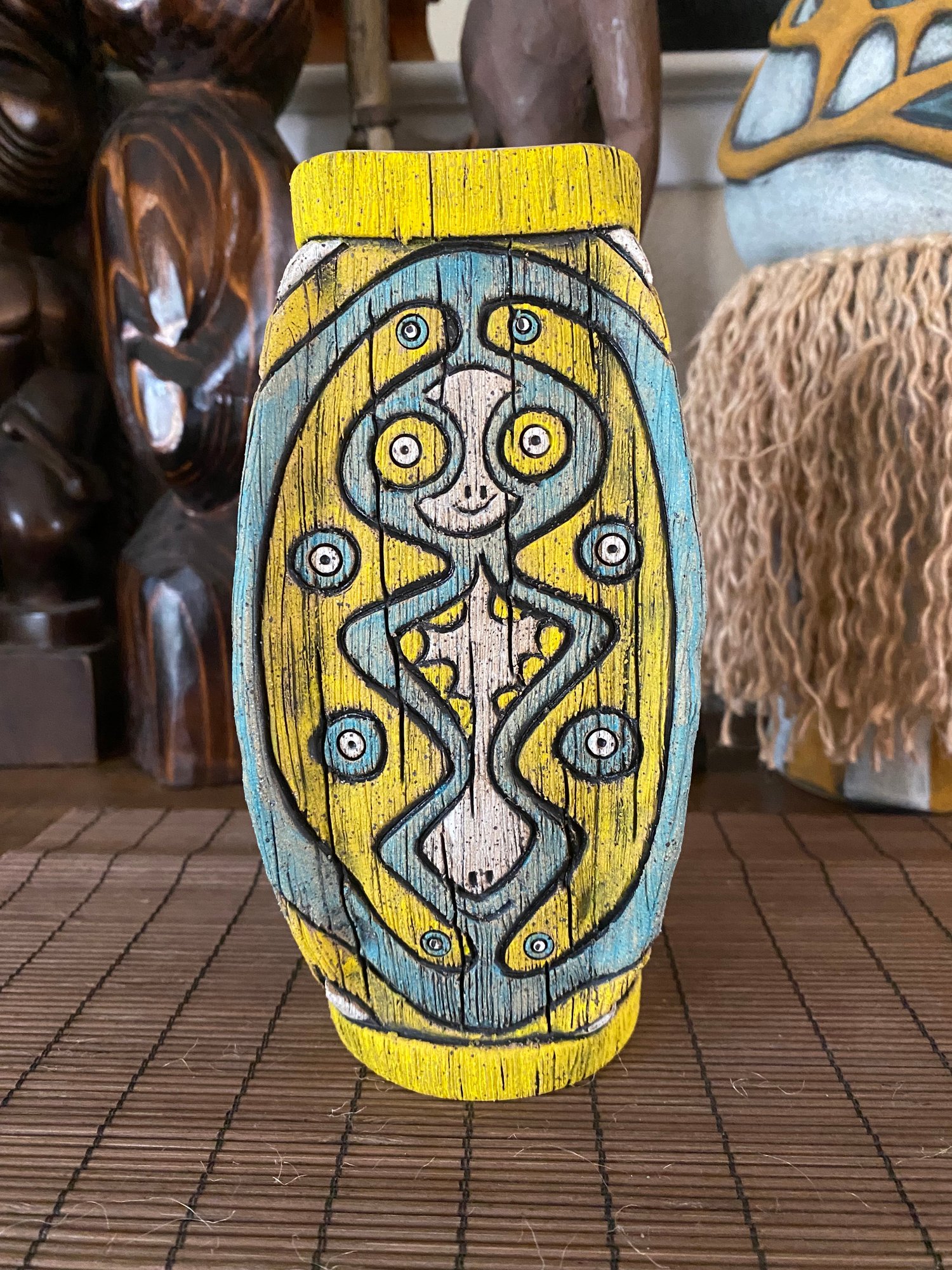 Image of Four Sided Turquoise & Yellow PNG Shield Mug - “The Happy Dancer” - US Shipping Included 