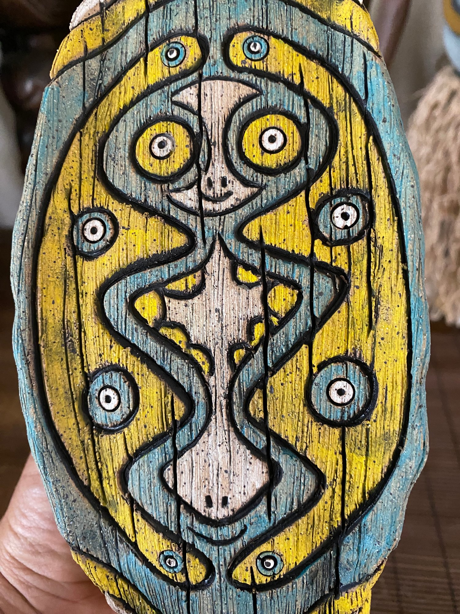 Image of Four Sided Turquoise & Yellow PNG Shield Mug - “The Happy Dancer” - US Shipping Included 