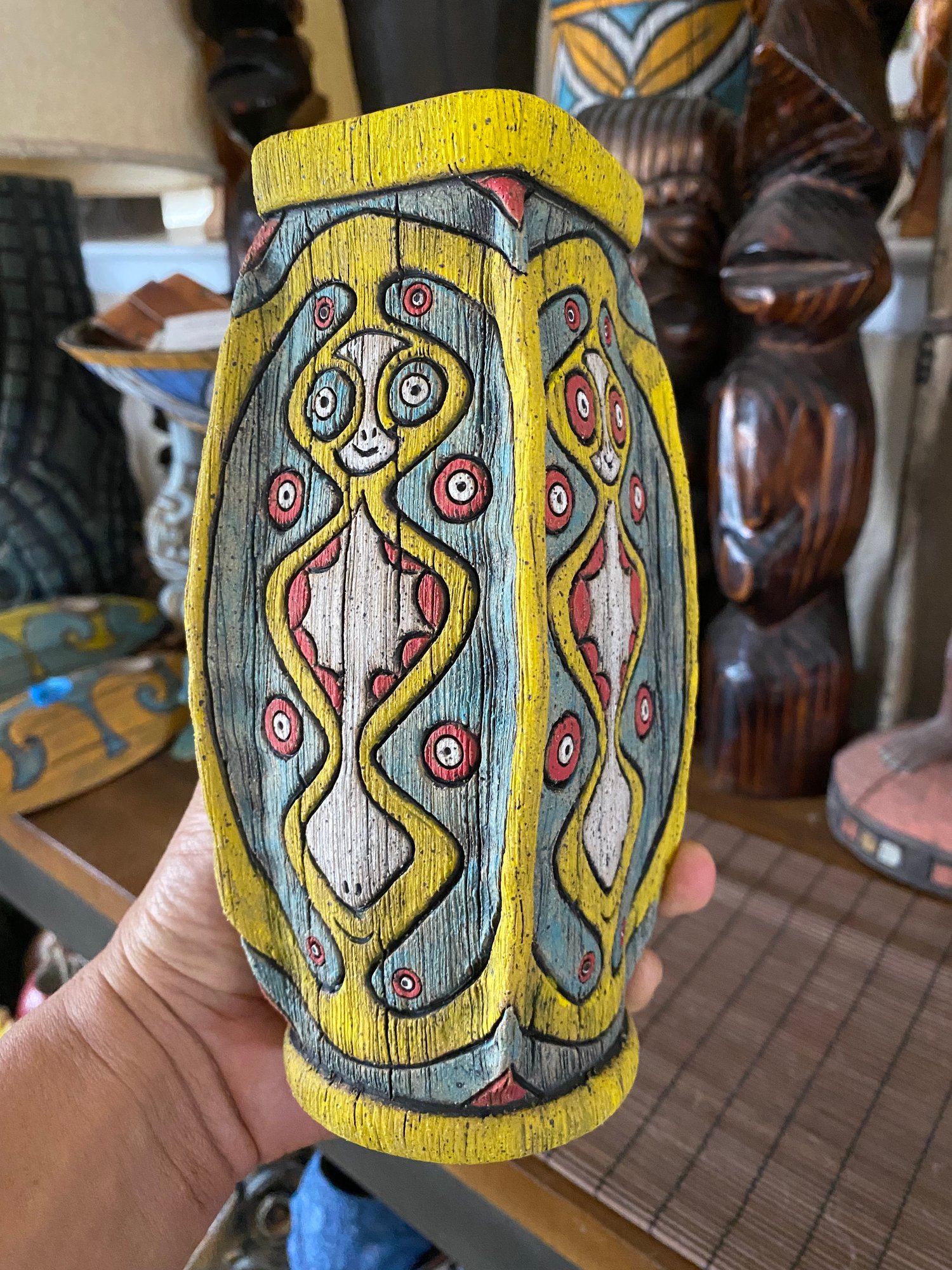 Image of Four Sided Turquoise, Yellow, & Red PNG Shield Mug - “The Happy Dancer” - US Shipping Included 