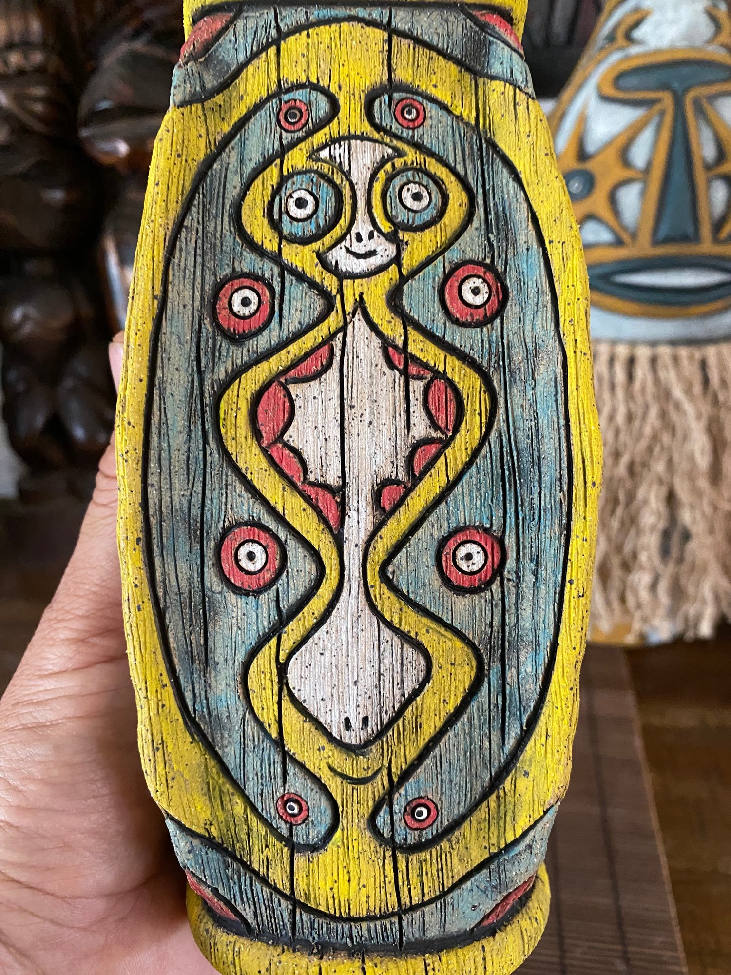 Image of Four Sided Turquoise, Yellow, & Red PNG Shield Mug - “The Happy Dancer” - US Shipping Included 