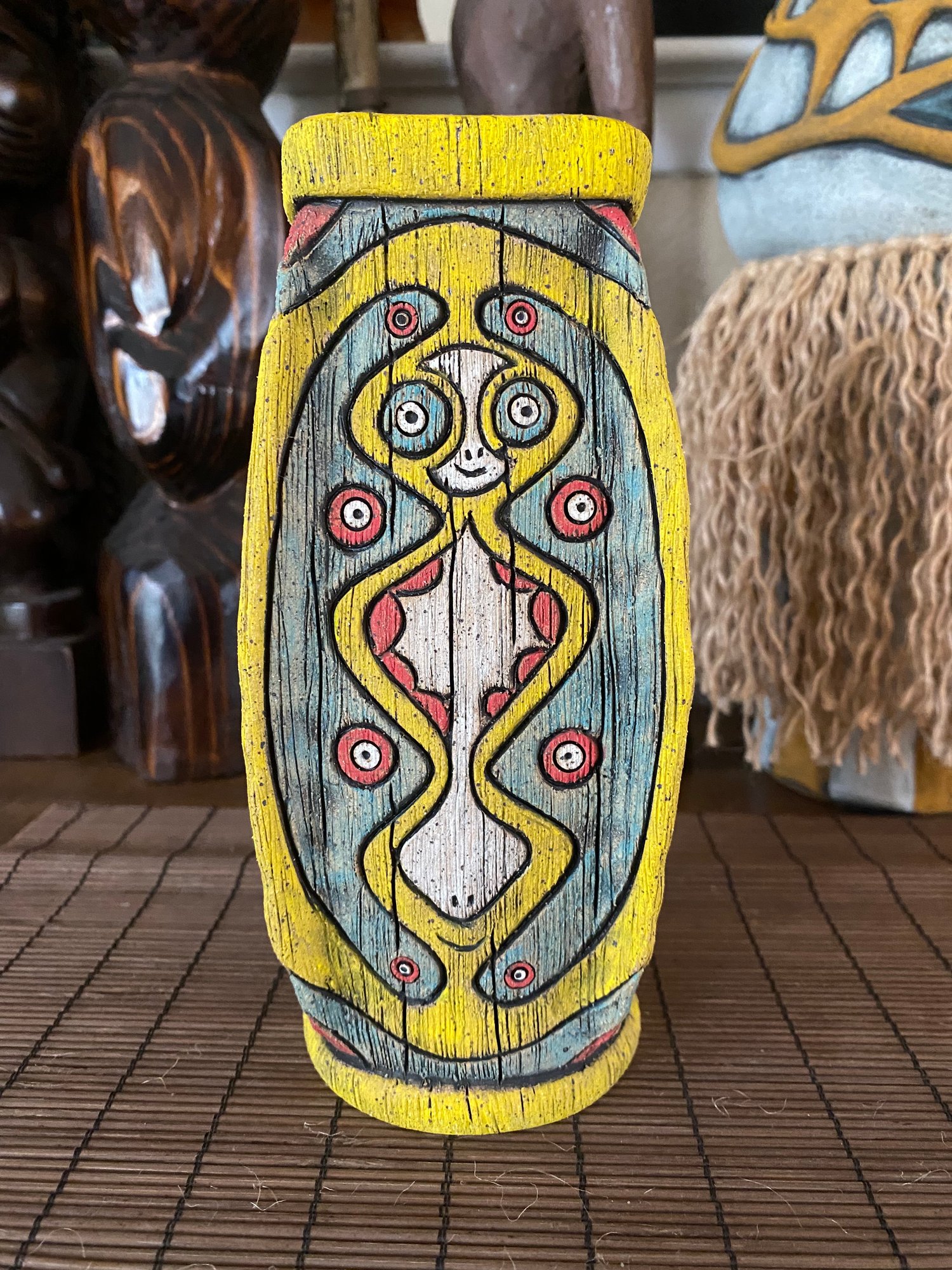 Image of Four Sided Turquoise, Yellow, & Red PNG Shield Mug - “The Happy Dancer” - US Shipping Included 