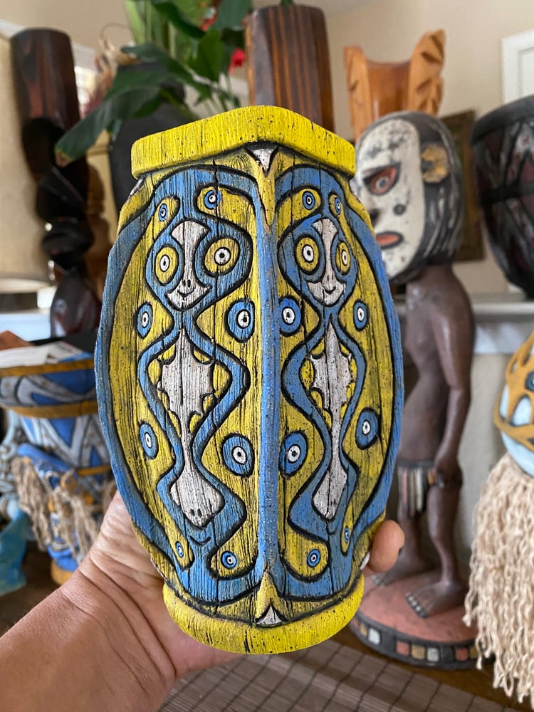 Image of Four Sided Blue and Yellow PNG Shield Mug - “The Happy Dancer” - US Shipping Included 