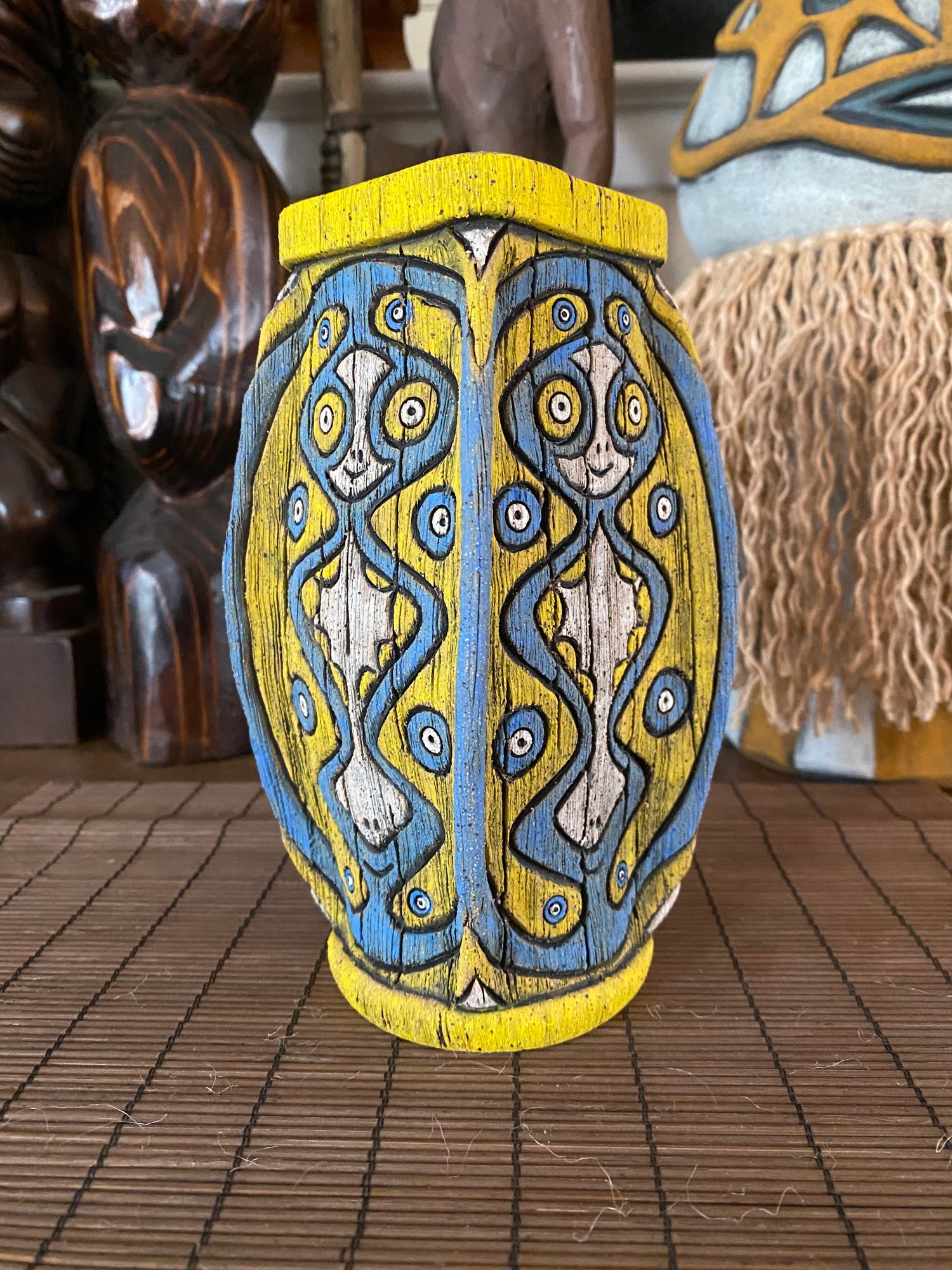 Image of Four Sided Blue and Yellow PNG Shield Mug - “The Happy Dancer” - US Shipping Included 