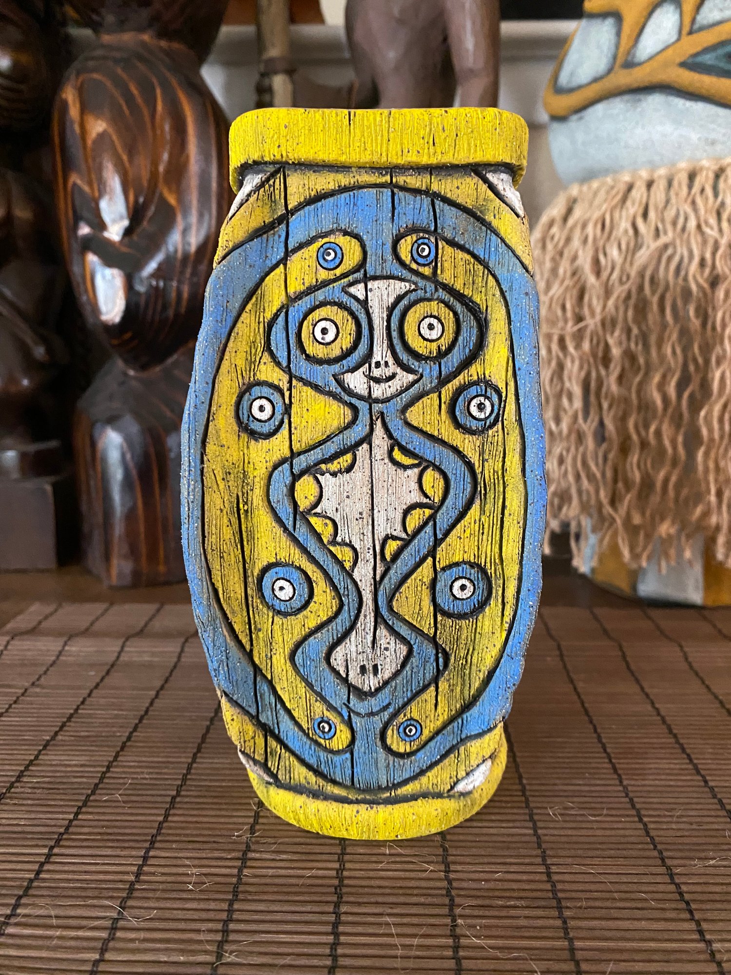 Image of Four Sided Blue and Yellow PNG Shield Mug - “The Happy Dancer” - US Shipping Included 