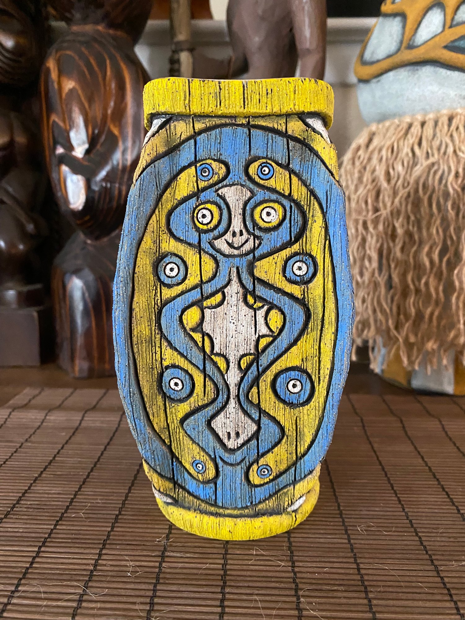 Image of Four Sided Blue and Yellow PNG Shield Mug - “The Happy Dancer” - US Shipping Included 