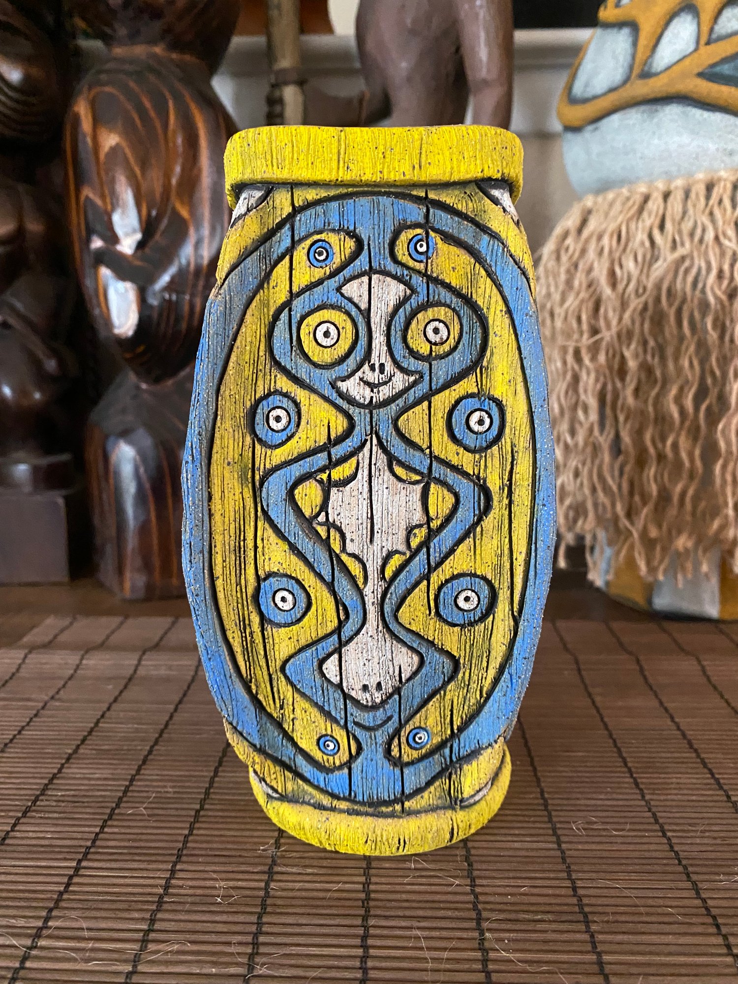 Image of Four Sided Blue and Yellow PNG Shield Mug - “The Happy Dancer” - US Shipping Included 