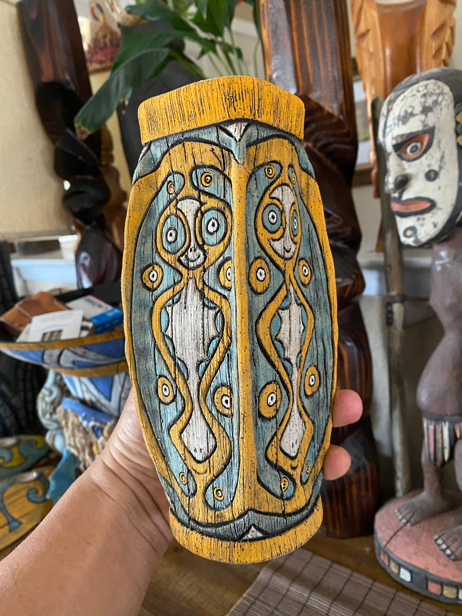 Image of Four Sided Turquoise and Orange PNG Shield Mug - “The Happy Dancer” - US Shipping Included 