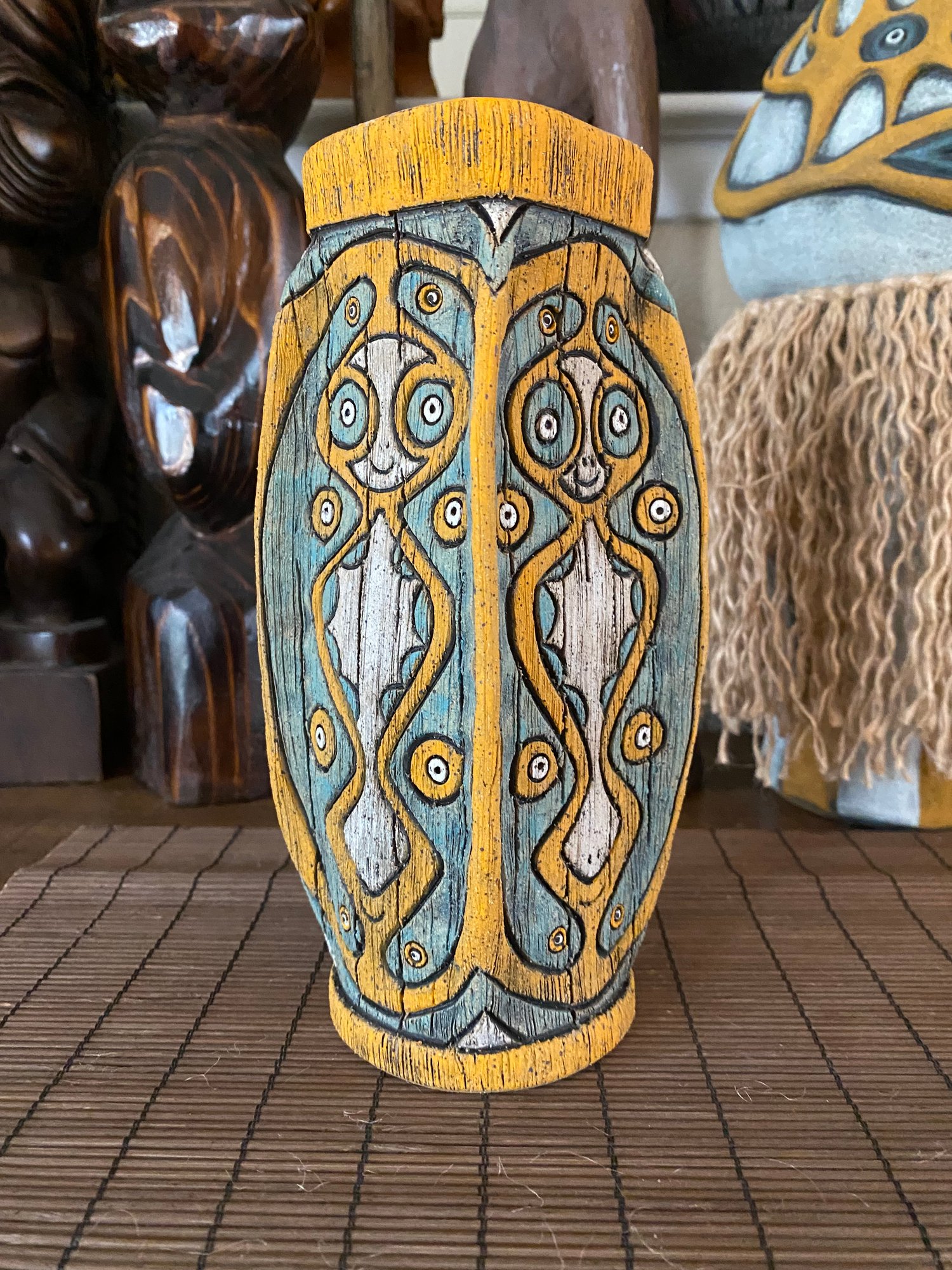 Image of Four Sided Turquoise and Orange PNG Shield Mug - “The Happy Dancer” - US Shipping Included 