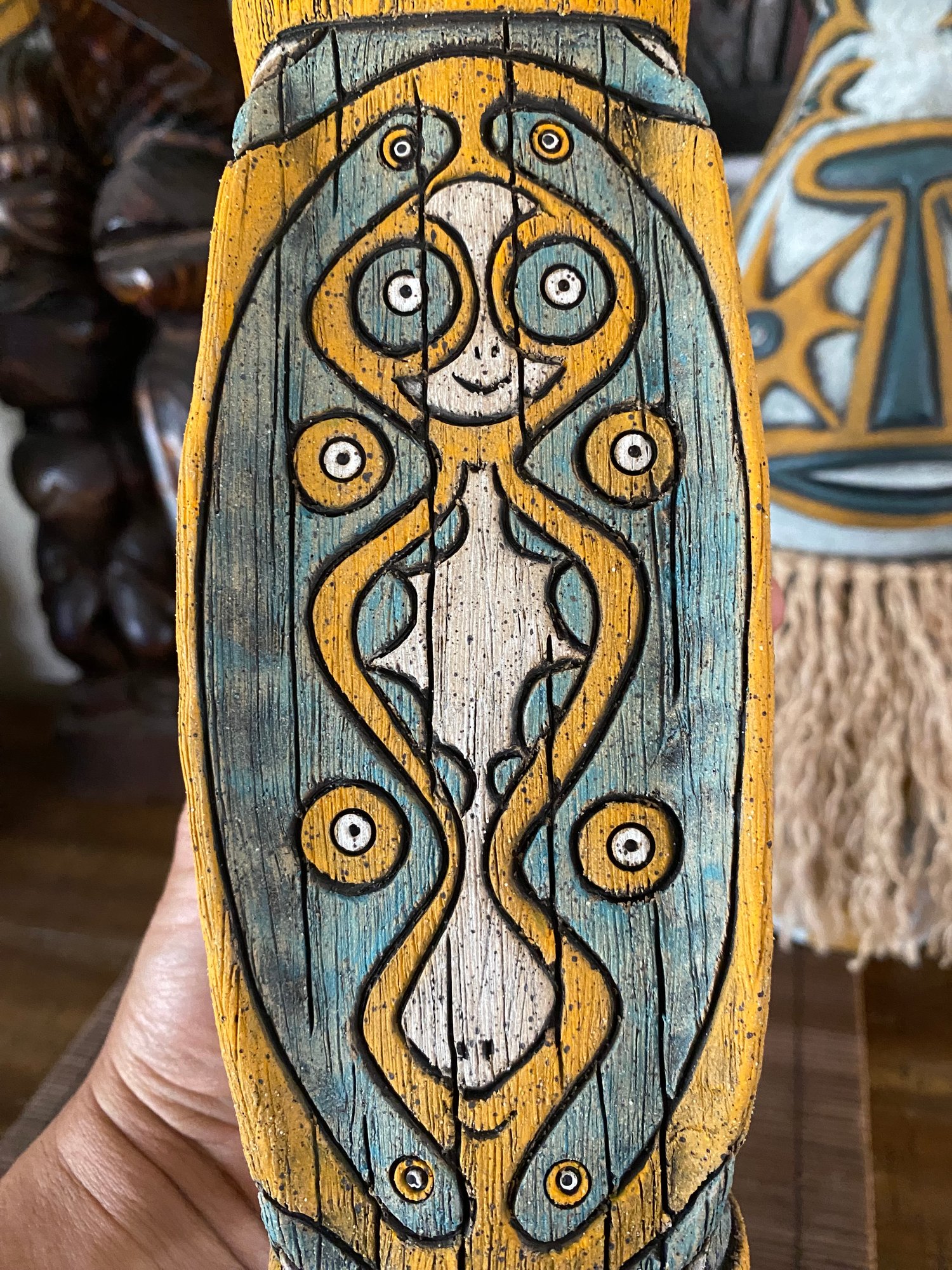 Image of Four Sided Turquoise and Orange PNG Shield Mug - “The Happy Dancer” - US Shipping Included 