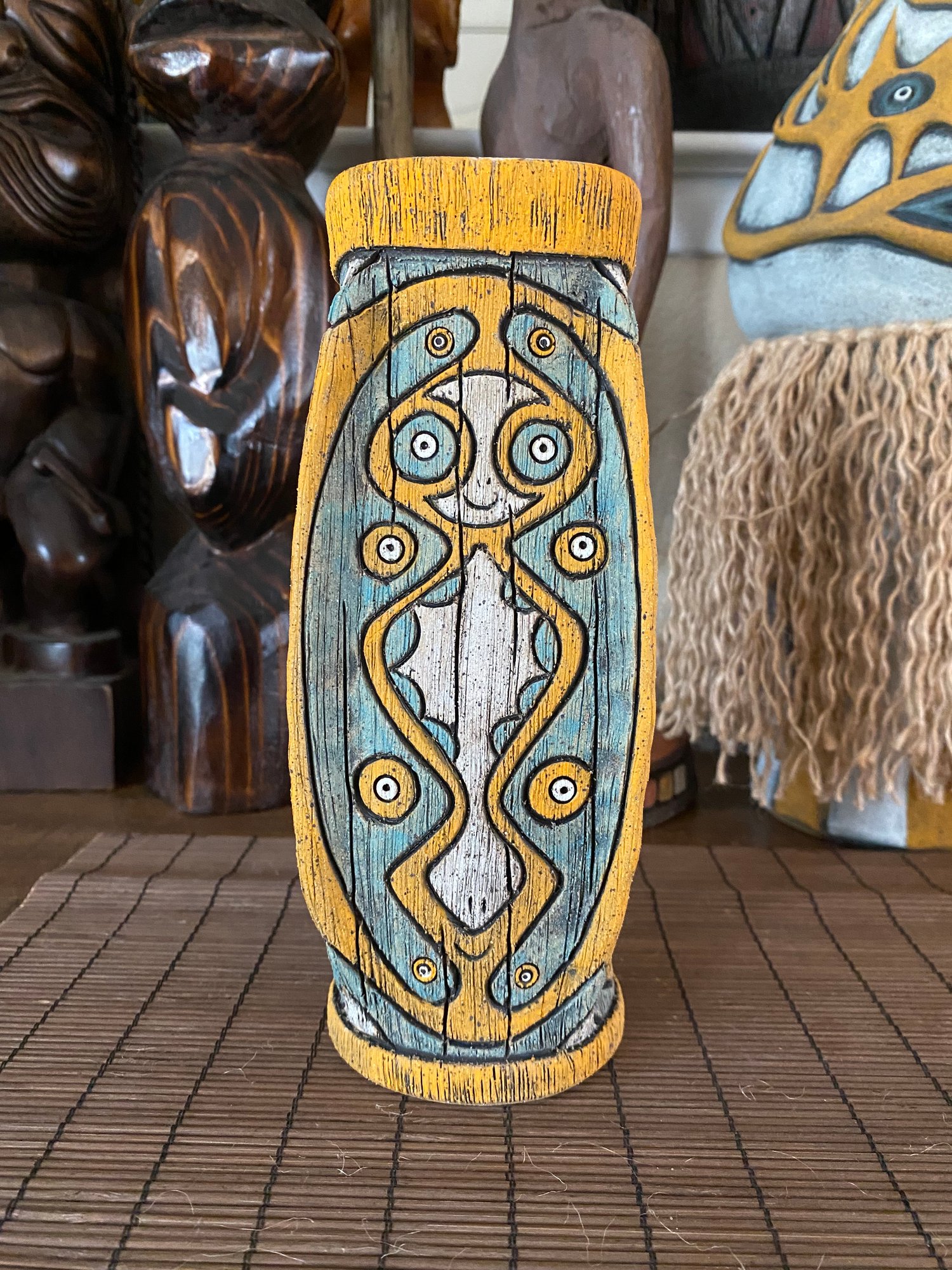 Image of Four Sided Turquoise and Orange PNG Shield Mug - “The Happy Dancer” - US Shipping Included 