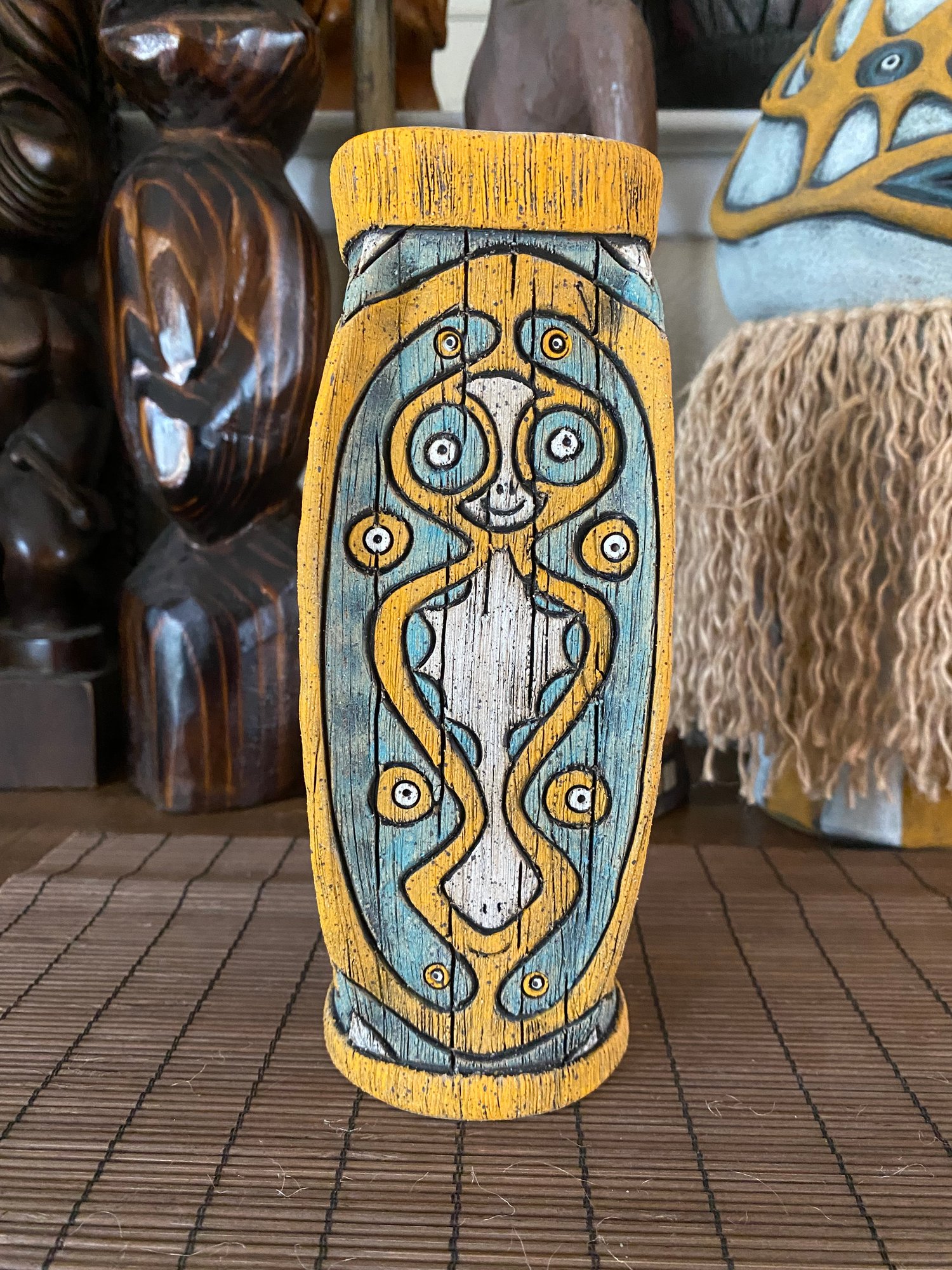 Image of Four Sided Turquoise and Orange PNG Shield Mug - “The Happy Dancer” - US Shipping Included 