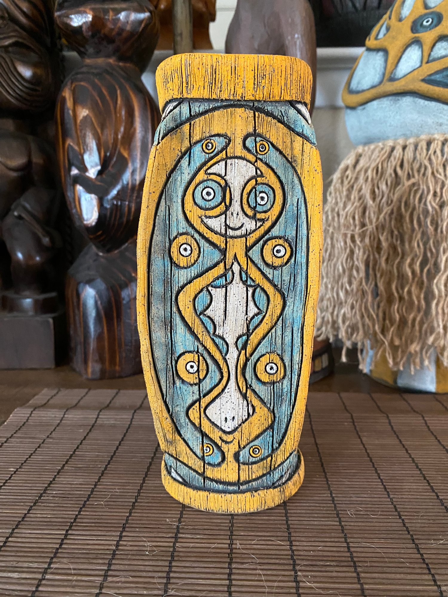 Image of Four Sided Turquoise and Orange PNG Shield Mug - “The Happy Dancer” - US Shipping Included 