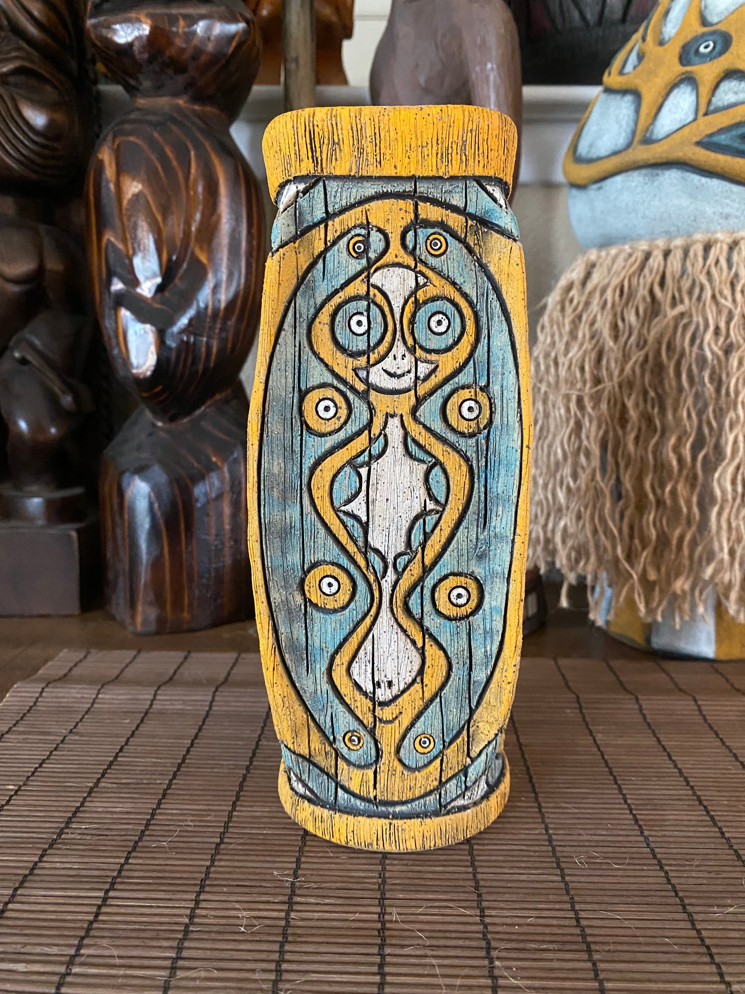 Image of Four Sided Turquoise and Orange PNG Shield Mug - “The Happy Dancer” - US Shipping Included 