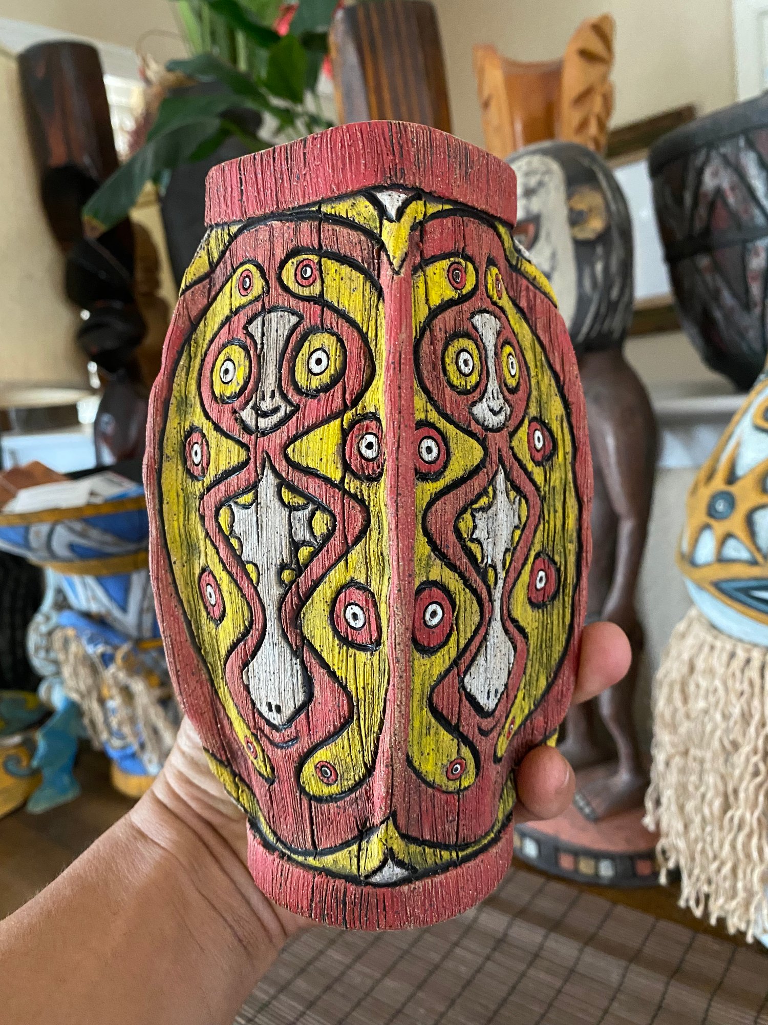 Image of Four Sided Red and Yellow PNG Shield Mug - “The Happy Dancer” - US Shipping Included 