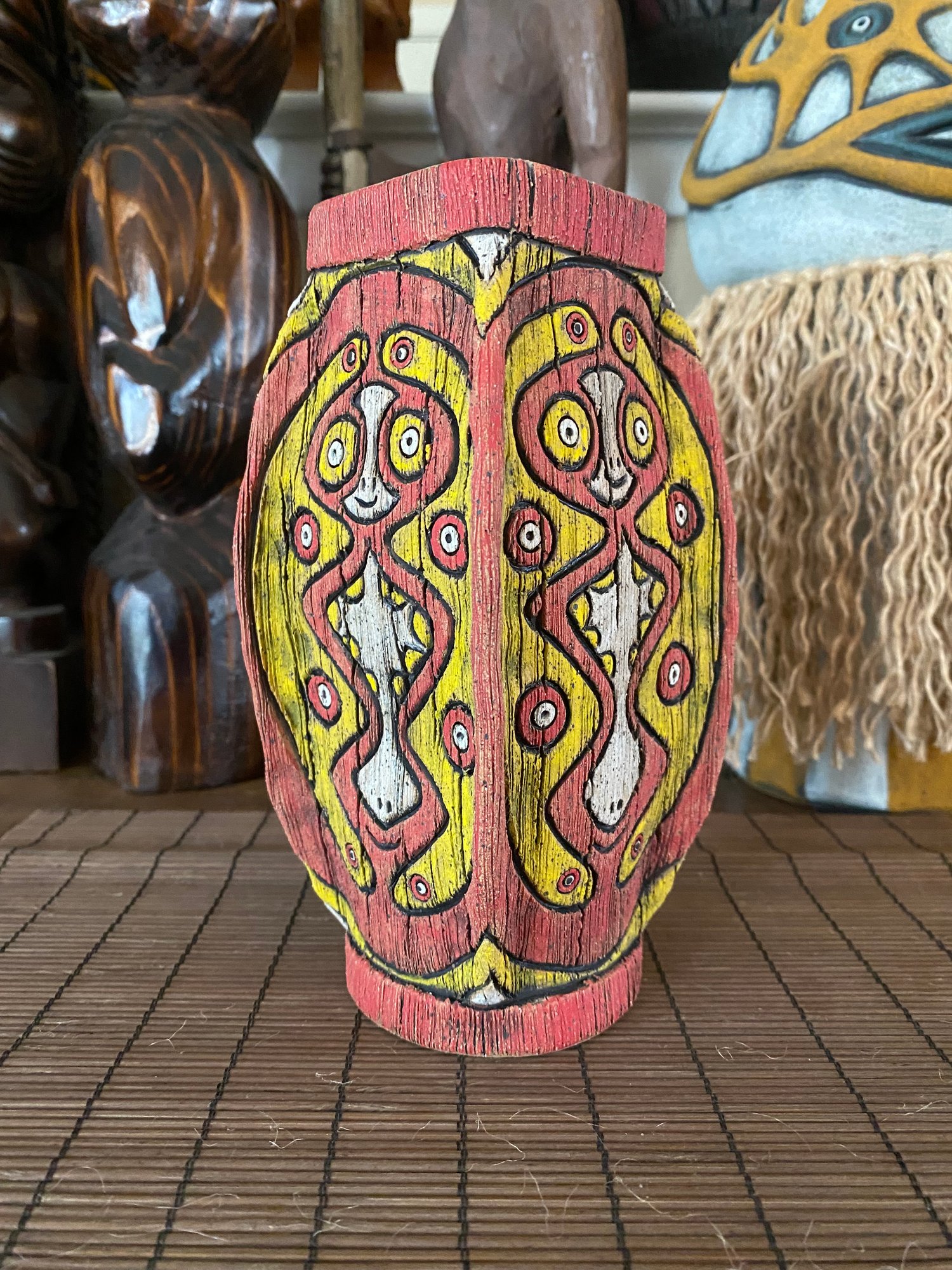 Image of Four Sided Red and Yellow PNG Shield Mug - “The Happy Dancer” - US Shipping Included 