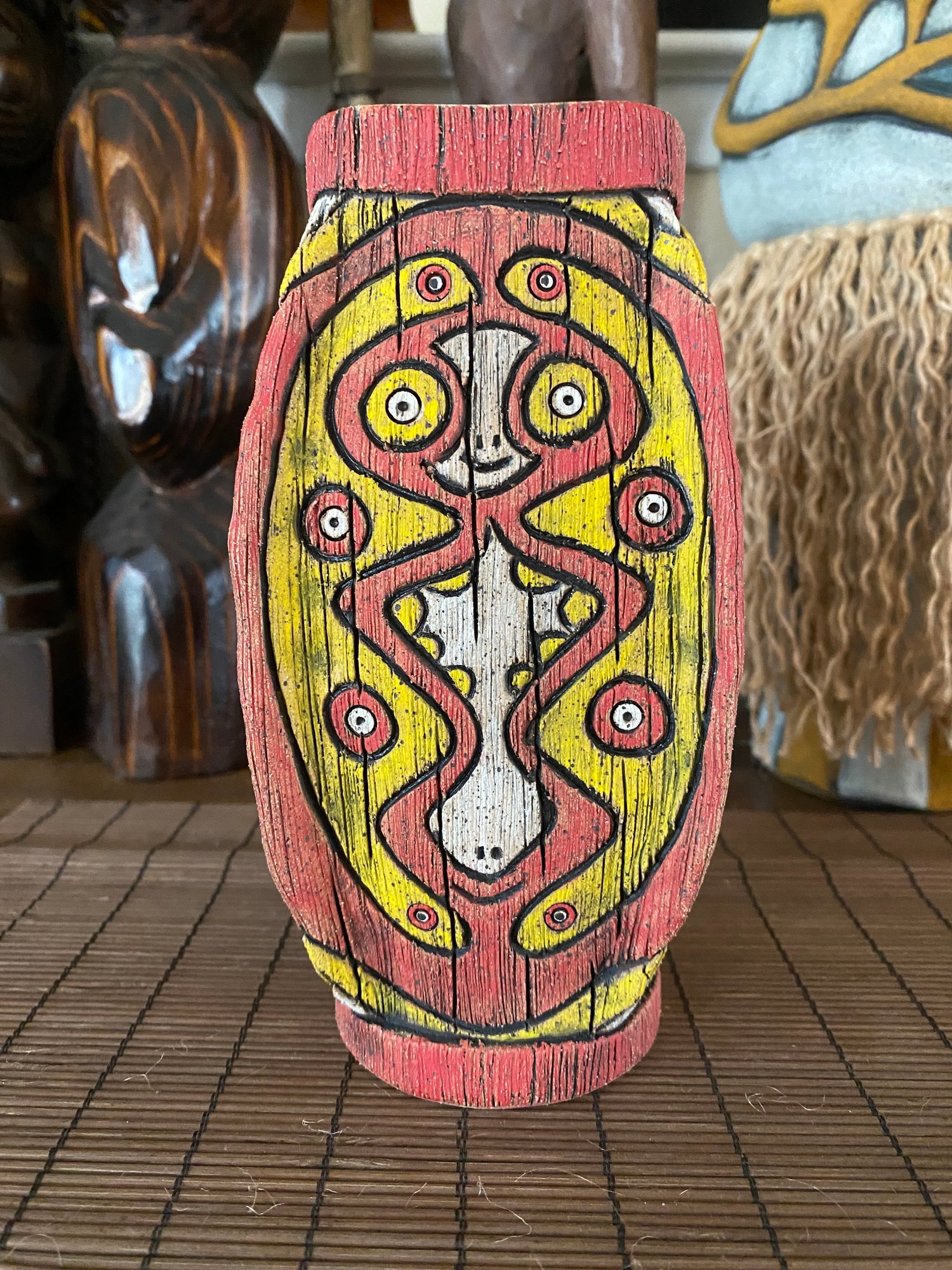 Image of Four Sided Red and Yellow PNG Shield Mug - “The Happy Dancer” - US Shipping Included 