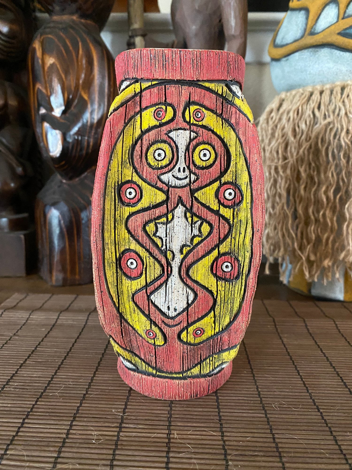 Image of Four Sided Red and Yellow PNG Shield Mug - “The Happy Dancer” - US Shipping Included 