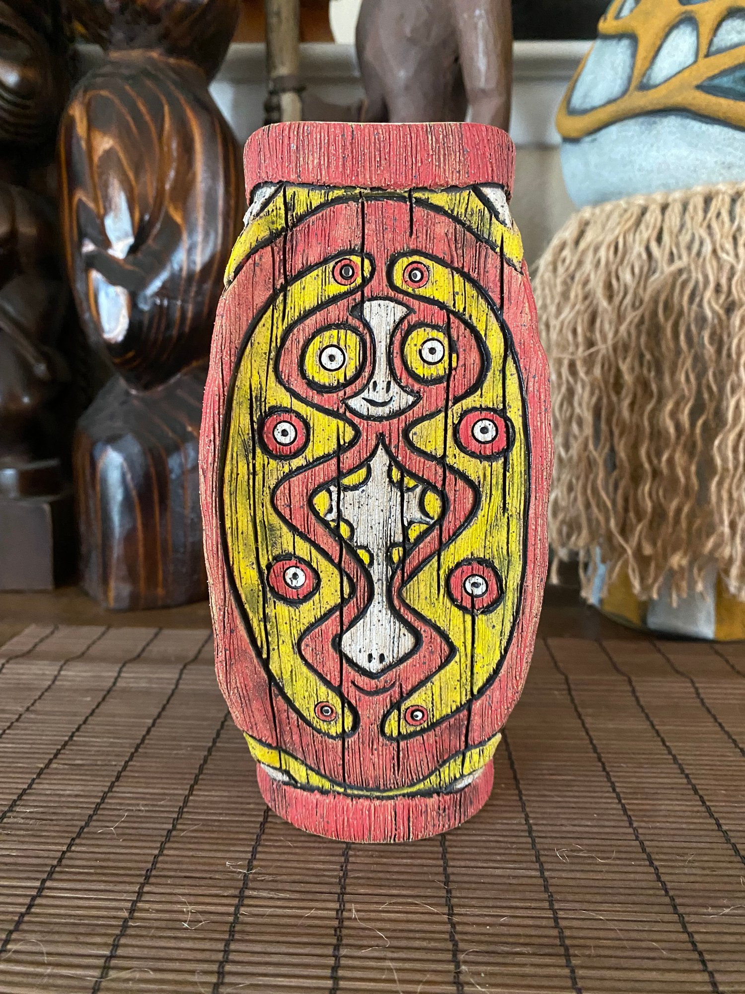 Image of Four Sided Red and Yellow PNG Shield Mug - “The Happy Dancer” - US Shipping Included 