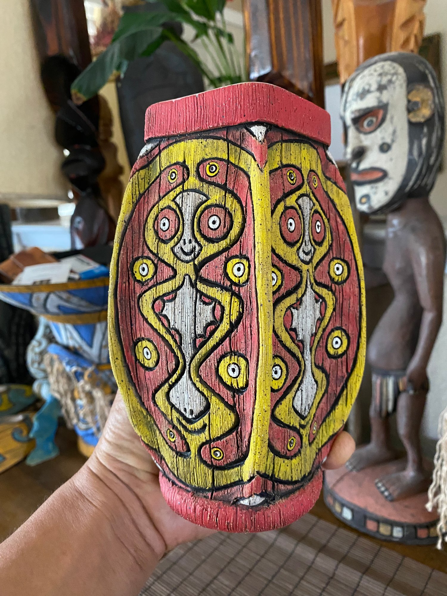 Image of Four Sided Yellow and Red PNG Shield Mug - “The Happy Dancer” - US Shipping Included 