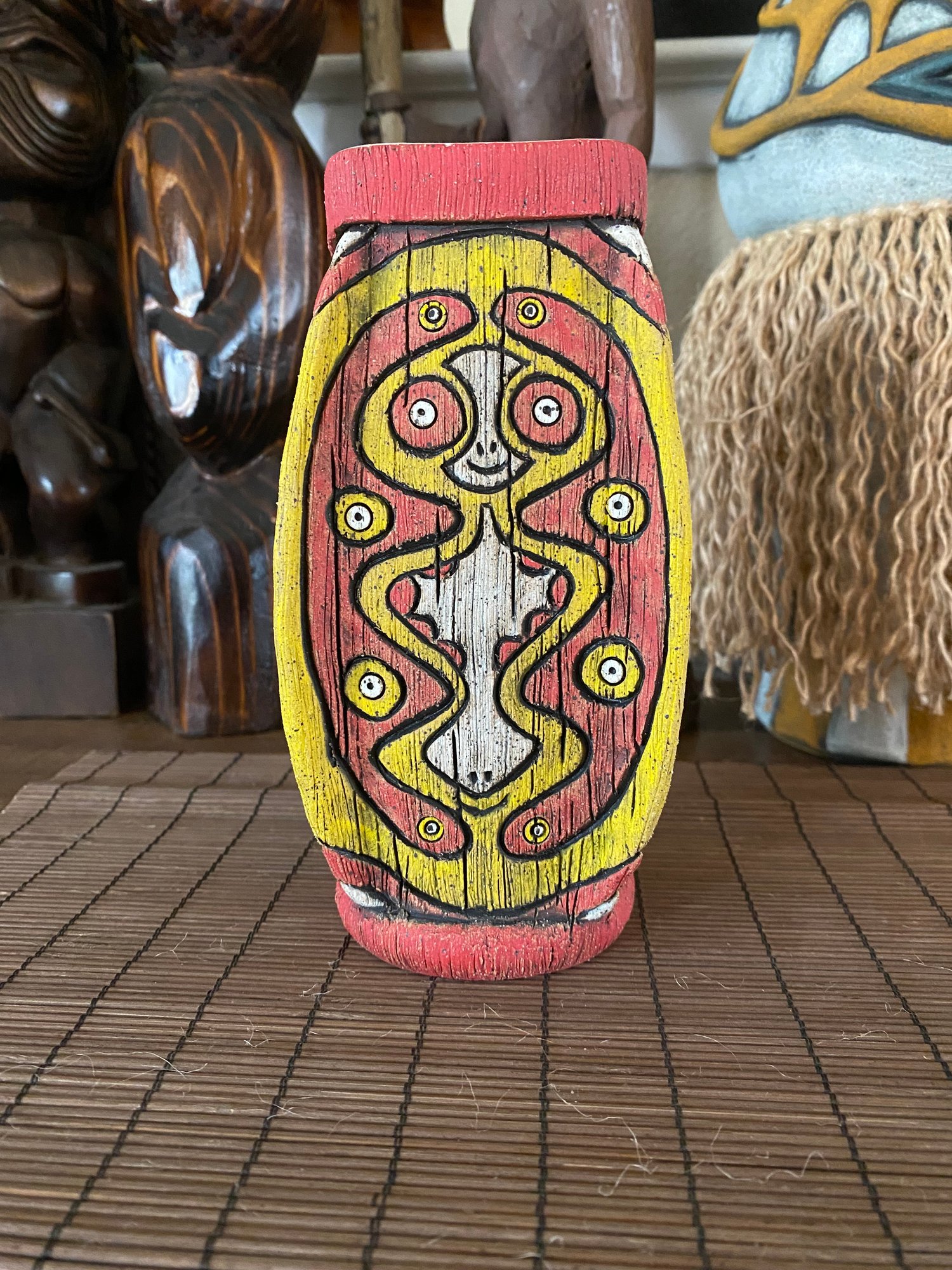 Image of Four Sided Yellow and Red PNG Shield Mug - “The Happy Dancer” - US Shipping Included 