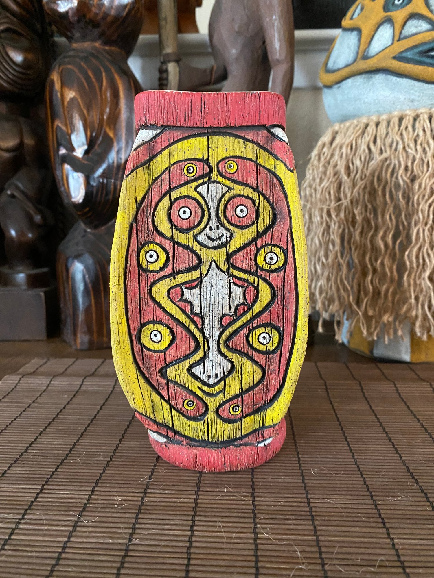 Image of Four Sided Yellow and Red PNG Shield Mug - “The Happy Dancer” - US Shipping Included 