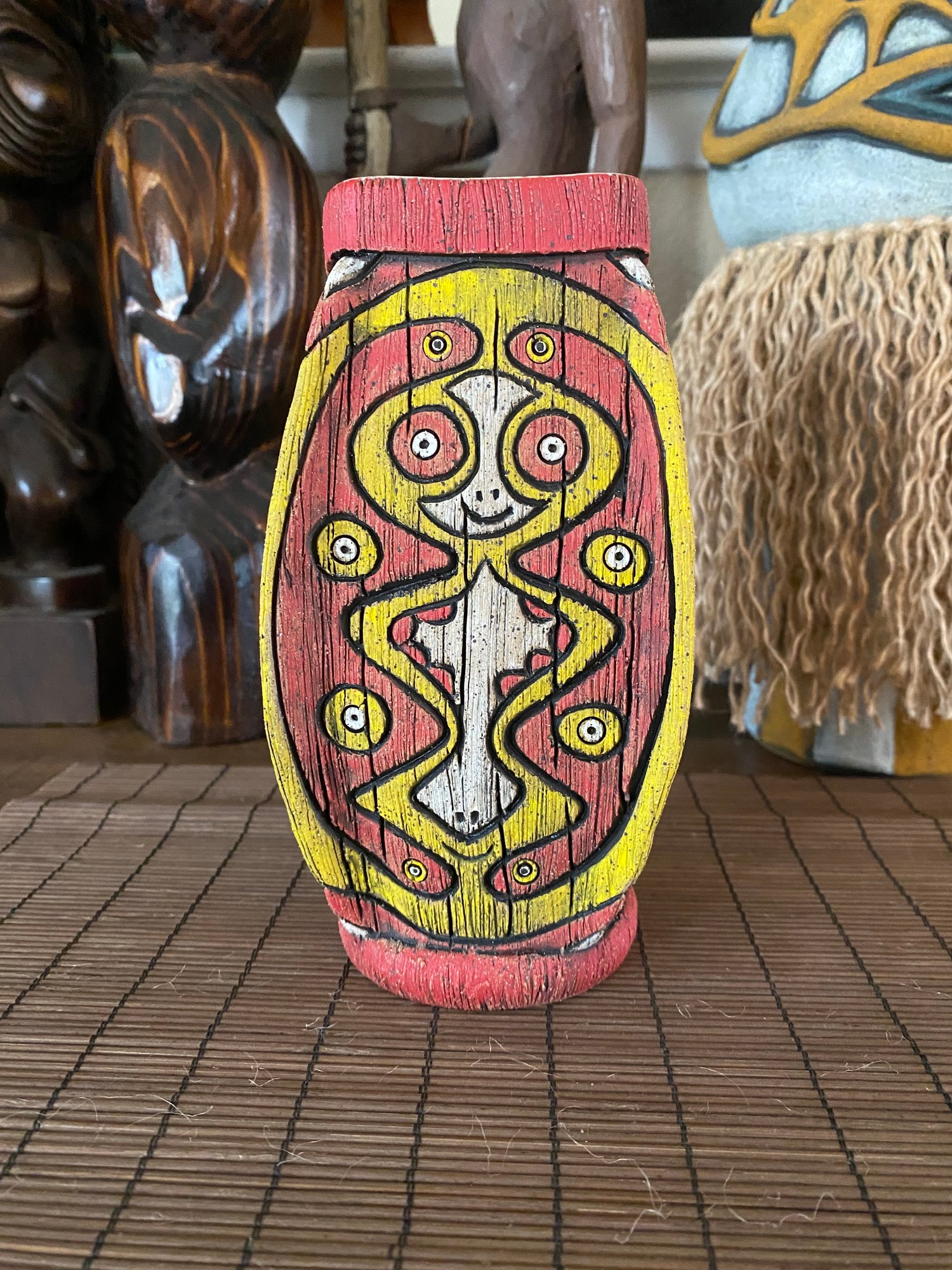 Image of Four Sided Yellow and Red PNG Shield Mug - “The Happy Dancer” - US Shipping Included 