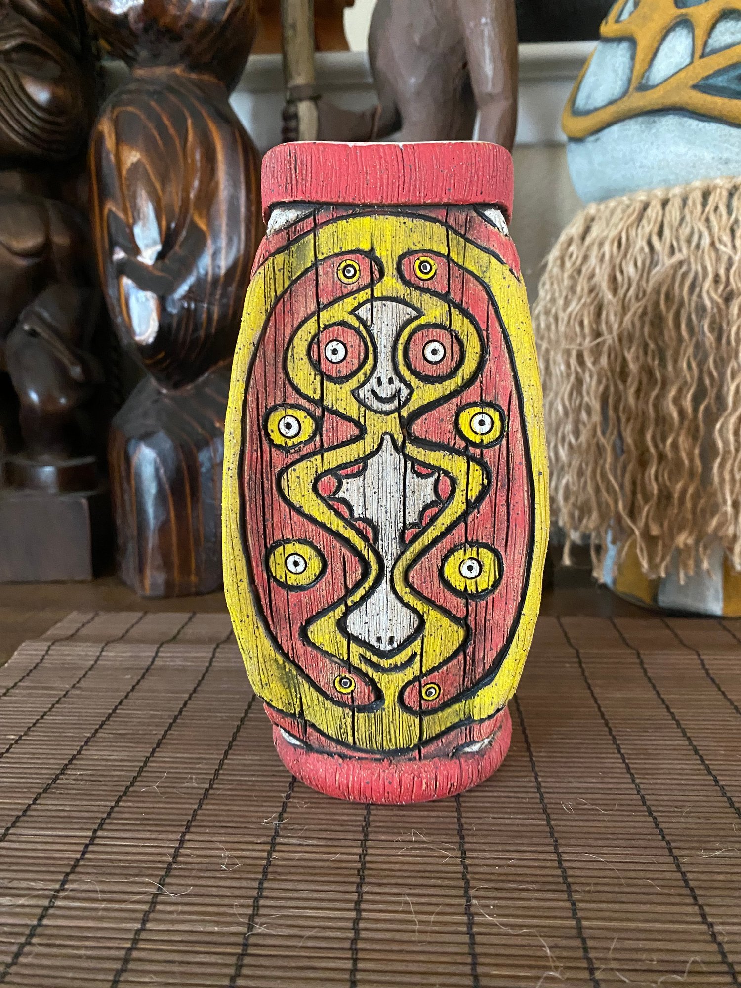 Image of Four Sided Yellow and Red PNG Shield Mug - “The Happy Dancer” - US Shipping Included 