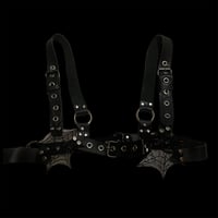 Image 2 of Walk of the widow black leather spiderweb caged chest body harness bra