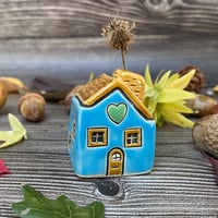 Image 1 of Blue Ceramic Mini House with Green Heart