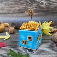 Image 2 of Blue Ceramic Mini House with Green Heart