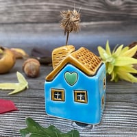 Image 3 of Blue Ceramic Mini House with Green Heart