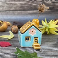 Image 2 of Little Aqua Blue Ceramic House with Chimney