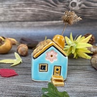 Image 1 of Little Aqua Blue Ceramic House with Chimney