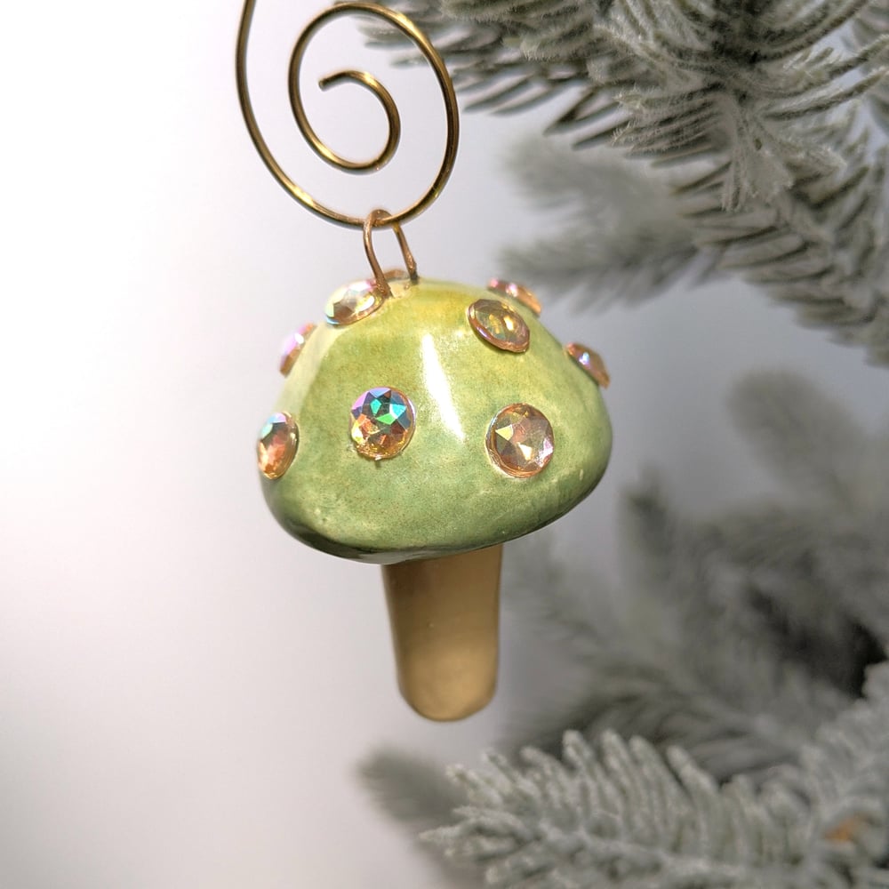 Image of Green or Red Mushroom Ornament with Gems