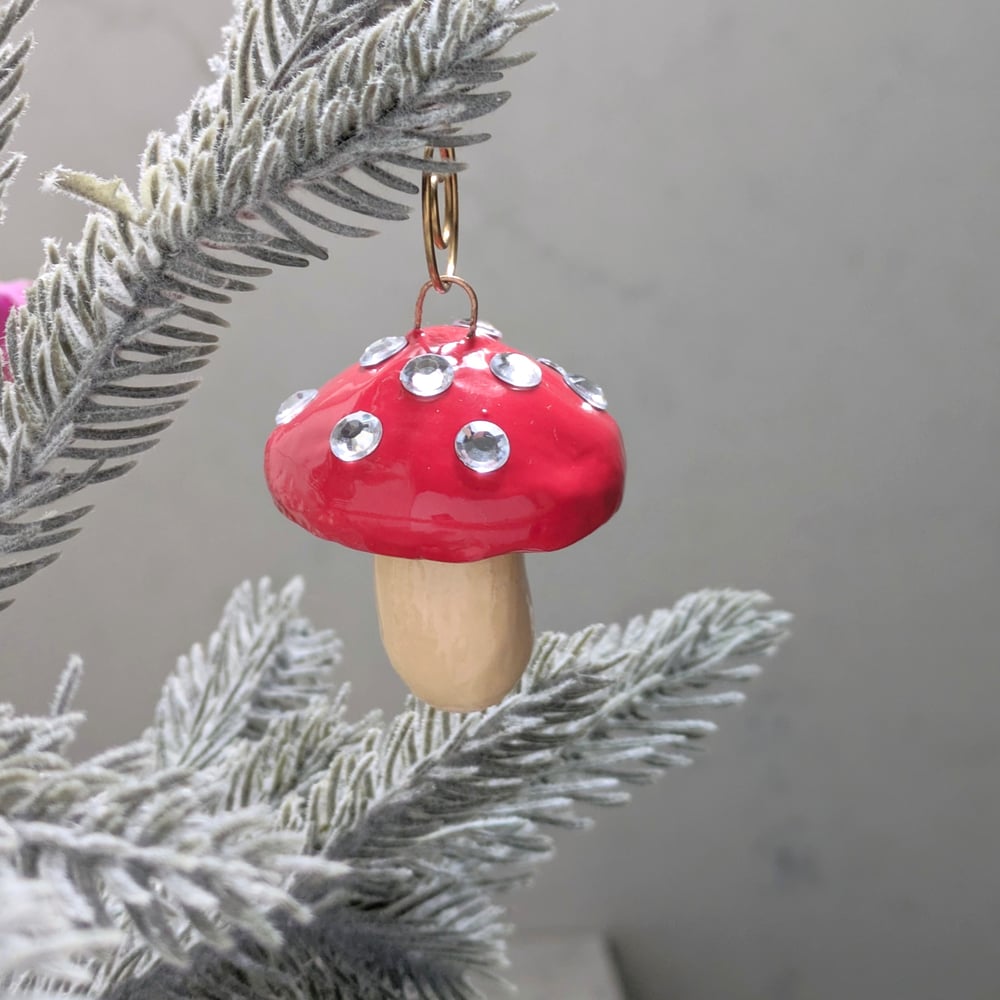 Image of Green or Red Mushroom Ornament with Gems